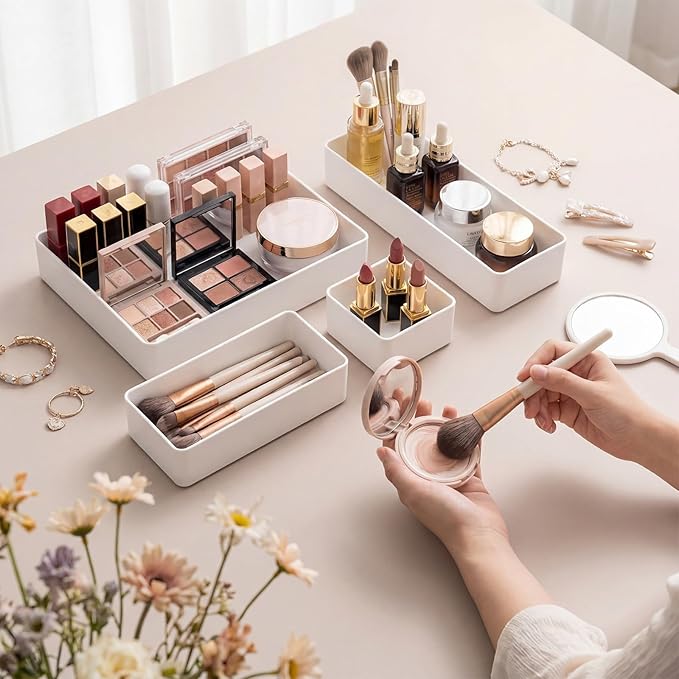 18 Pcs Drawer Organizer Stackable 4 Size Makeup Drawer Organizer Trays Acrylic Bathroom Vanity Storage Bins for Cosmetic, Jewelries, Office Supply, Kitchen Utensils (White,Glossy)