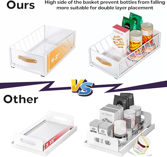 Pull out Cabinet Organizer Fixed with Adhesive Nano Film,Heavy Duty Slide out Pantry Shelves Drawer Storage,Sliding Mesh Cabinet Basket with Handle for Kitchen, Bathroom,Home, 11.8W"X 15.7D"X6.2"H