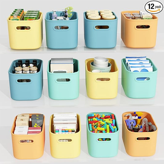 12 Pack Colorful Storage Bins for Shelves, Plastic Storage Containers for Organizing, Stackable Storage Boxes with Handle, Colored Storage Bins for Classroom, Craft, Snacks, Cabinet, 9.7x6.7x5.7 inch