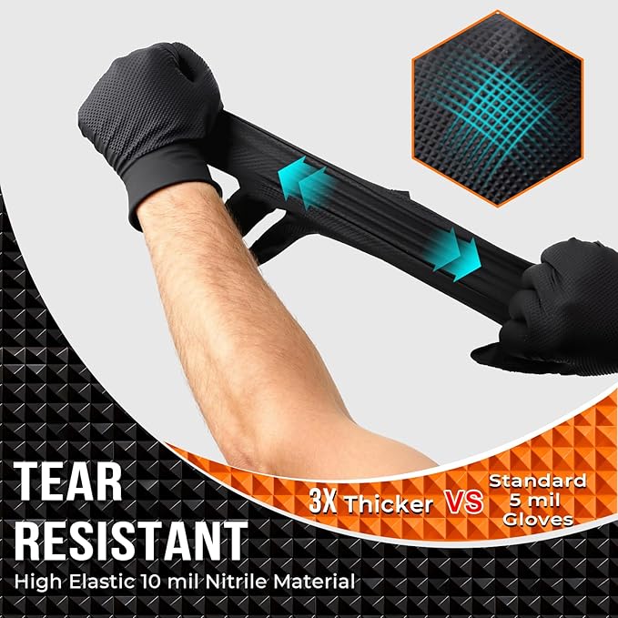 10 Mil Nitrile Disposable Gloves Heavy Duty Mechanic Gloves Raised Diamond Texture Thick (Black of 1000, X-Large)