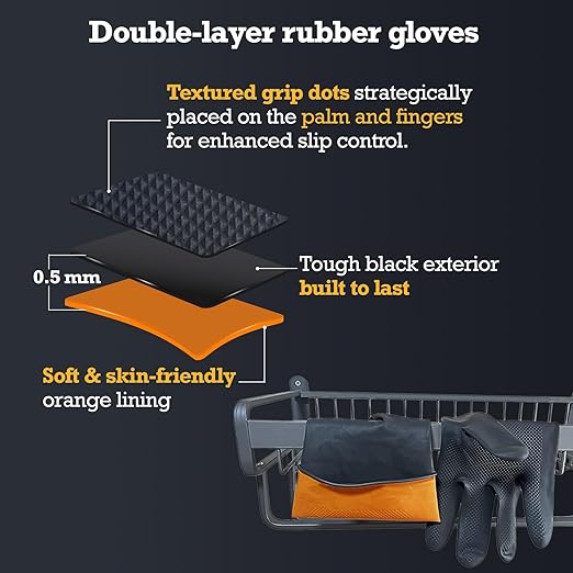 Black Thick Rubber Cleaning Gloves - 2 Pairs of Extra-Large, Reusable, Non-Slip, Heavy-Duty, Waterproof Gloves for Dishwashing and Kitchen Cleaning