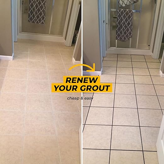 Pentausa Premixed Acrylic Sanded Tile Grout Repair Kit - Ready to Use Grout Renew Filler for Bathroom, Shower, & Kitchen Tile with Grout Removal Tool, Applicator & Sponge, (8.8 Oz - 250gr) (Black)