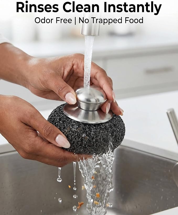 8 Pcs Steel Wool Scrubbers with 2 Pcs Handle,Stainless Steel Scouring Pads for Cast Iron Skillets, Grill & Kitchen Pots - Rust Resistant, Non-Splintering Heavy Duty for Tough Grease