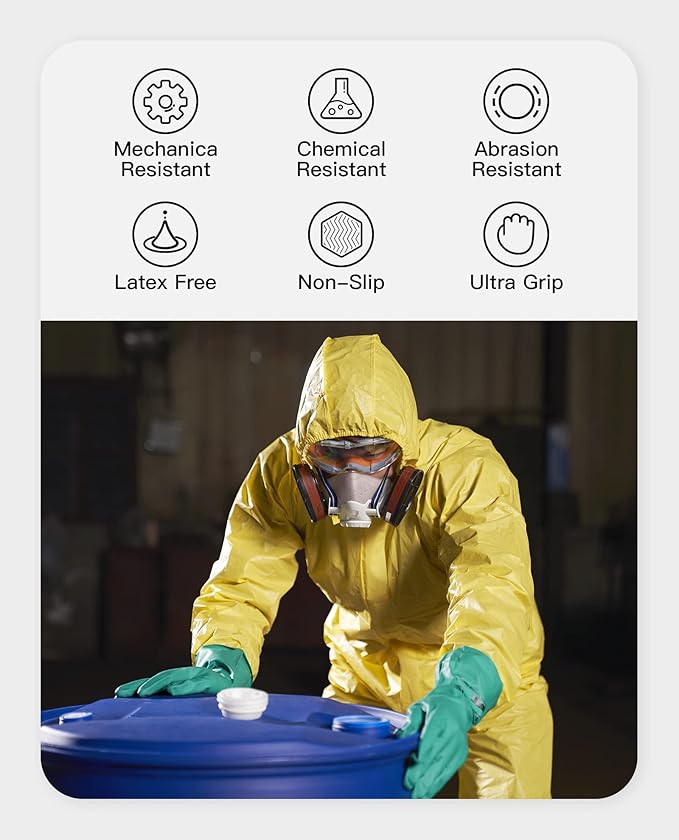 PACIFIC PPE 2 Pairs Nitrile Chemical Resistant Gloves, Flocked, Resist Household Acid, Alkali, Latex Rubber Free, 15 mil, 12.6", Large