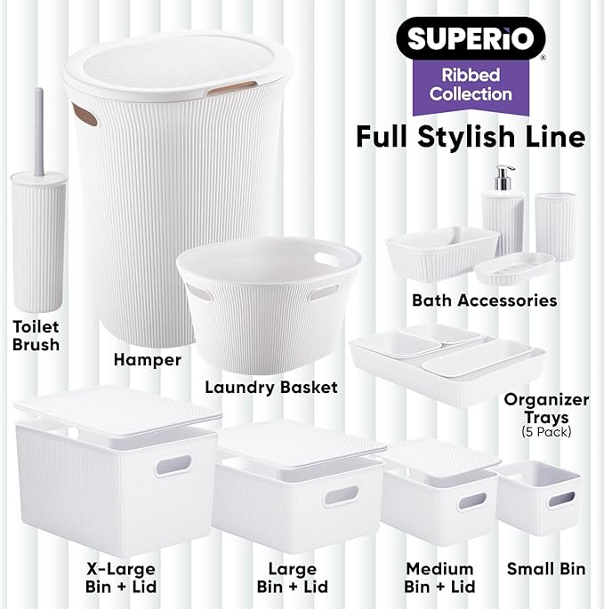 Superio Ribbed Collection - Decorative Plastic Basket Open Home Storage Bins Organizer, Small White (6 Pack) Container Boxes for Organizing Closet Storage Bins for Shelves Drawer Shelf 1.5 Liter