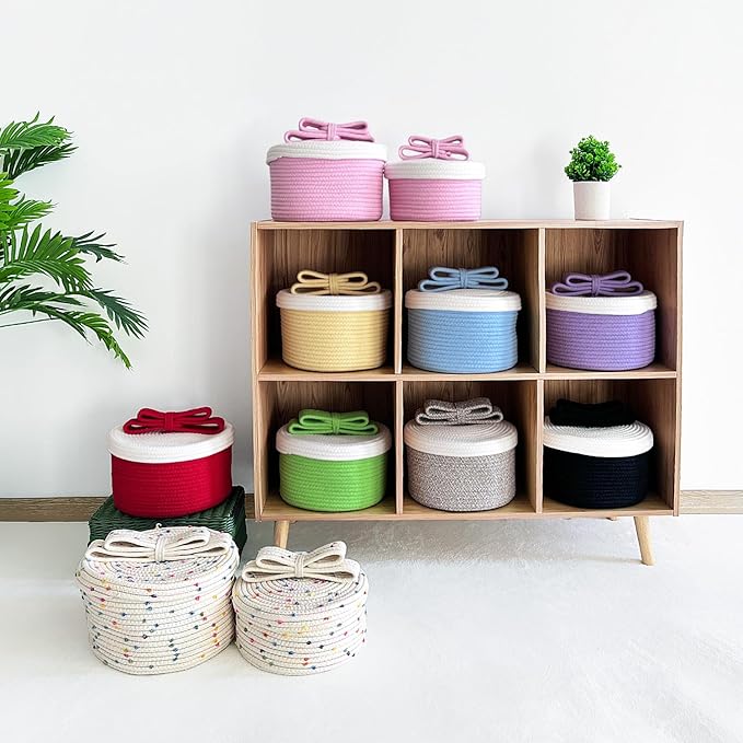 Cute Small Toy Box & Storage Baskets with Lids, Round Woven Rope Basket with Bunny & Bow Handle, Decorative Home Decor for Easter Gifts, Kids & Pets (Lavender)