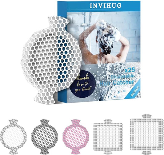 INVIHUG,25 Pack, Disposable Shower Drain Hair Catcher Mesh Stickers,Disposable Hair Drain Catcher. (White)