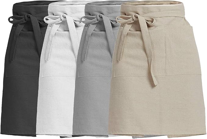 Cityelf Linen Server Apron Cotton Bistro Half Apron with Large Pockets Waist Kitchen Apron for Cooking Waitress
