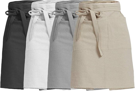Cityelf Linen Server Apron Cotton Bistro Half Apron with Large Pockets Waist Kitchen Apron for Cooking Waitress