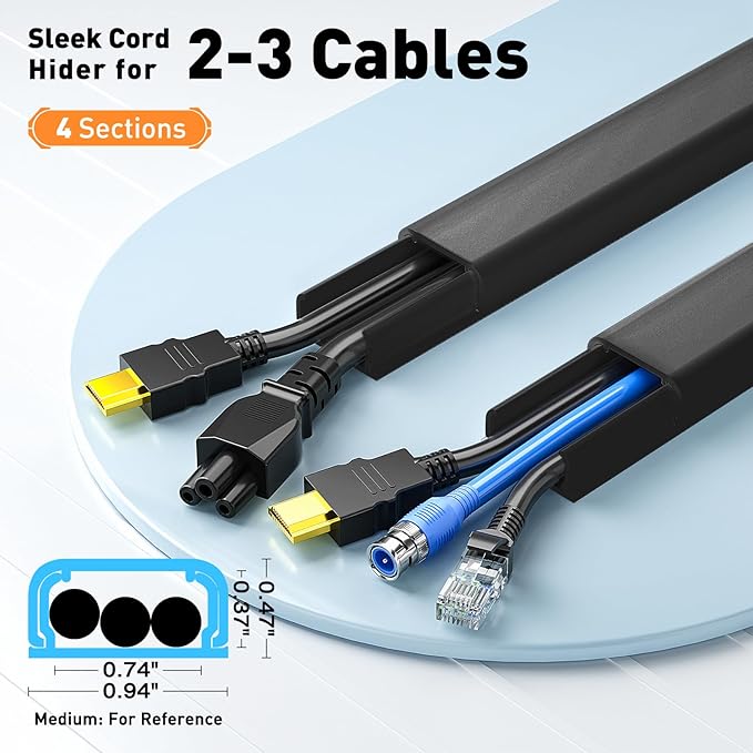 Delamu Black Cord Hider, 62.8in TV Cable Hider, Cord Covers for Wires on Wall, Wire Hider Wire Covers for 2-3 Cords on Wall, Easier Setup Cable Raceway Cable Management, 4X L15.7 W0.94 H0.47in, Black