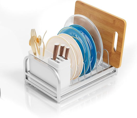 Extra Small Dish Drying Rack, 304 Stainless Steel Plate Rack for Cabinet, Dish Rack for Kitchen Counter w Cutlery Holder, Dish Drainer w Drainboard Save Space, Pot Lid Organizer for Cabinet