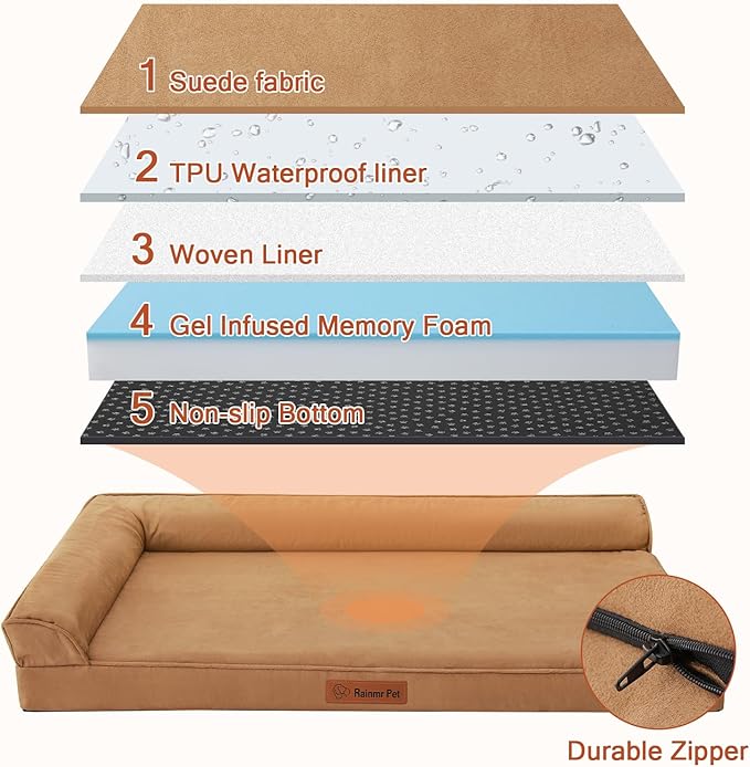 Orthopedic Memory Foam Dog Bed, Removable Washable Microsuede Cover, TPU Waterproof Liner, Nonskid Bottom, for Indoor, Outdoor, Crate ＆ Car Use, 35x23x6 Inches, Khaki