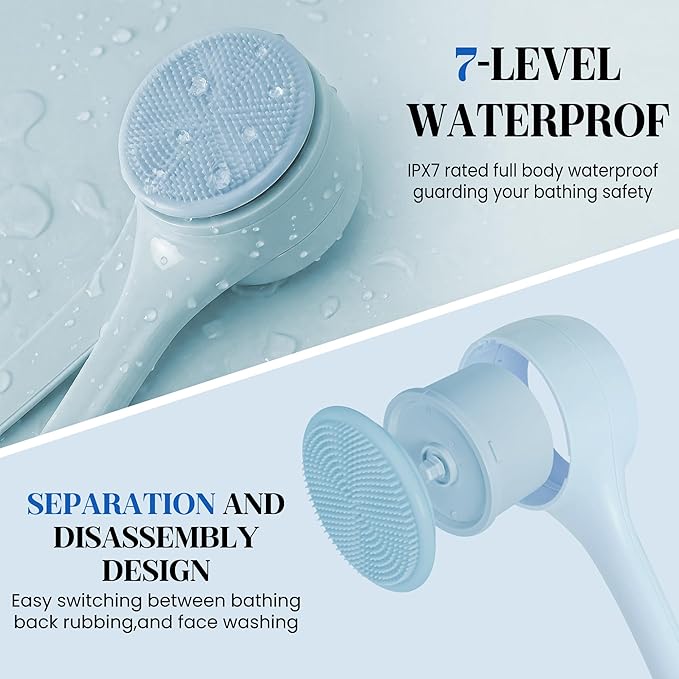 Electric Body Brush Back Scrubber for Shower，5 Replaceable Heads and Hook,Waterproof Long Dual Handle Power Body Scrubber 2 Speeds, for Cleansing Body, Exfoliating and Massaging Skin.