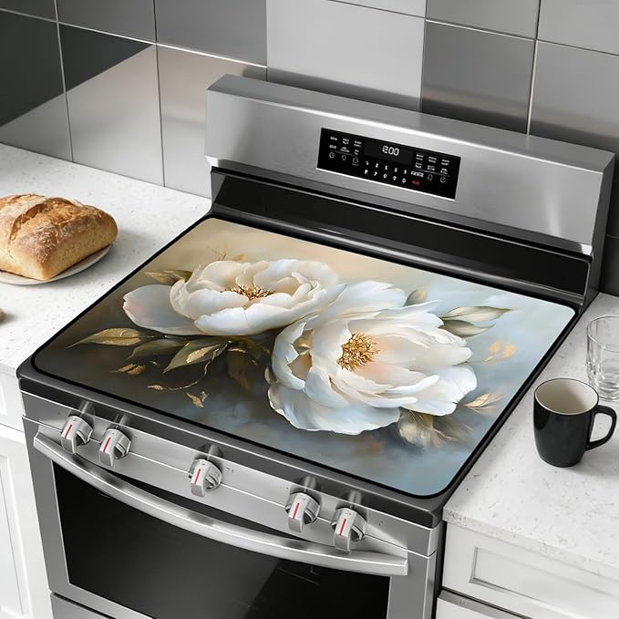 Glass Stove Top Covers for Electric Stove, Heat Resistant Counter Protector Mat, Non Slip Waterproof Surface Cover for Kitchen Counter and Cooktop (White Peony, 28"L x 20"W)
