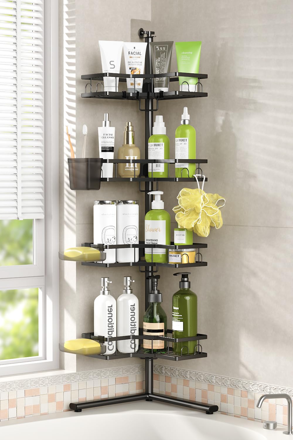 Standing Corner Shower Caddy - 4-Tier Rustproof Adjustable Shower - Image 1