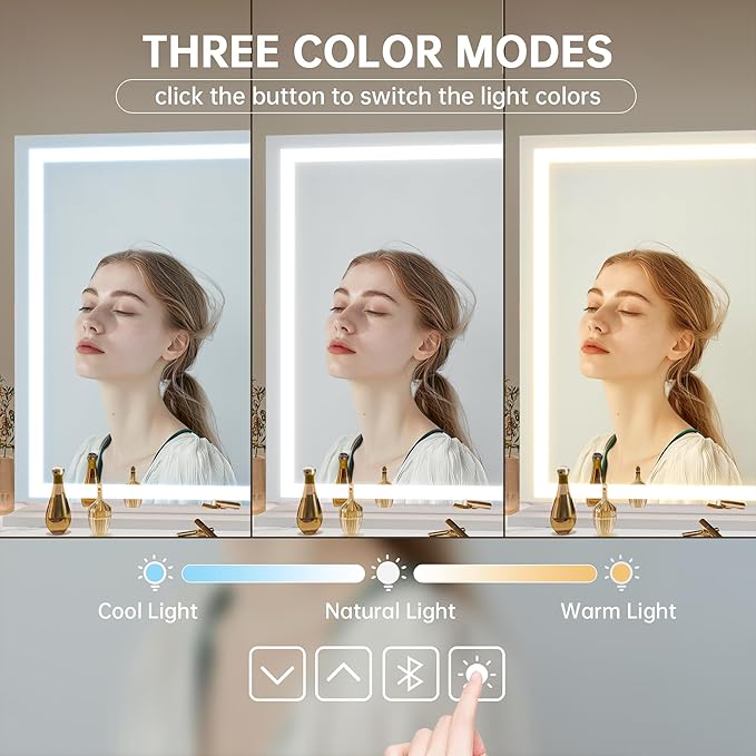 Hasipu Vanity Mirror with Lights and Bluetooth Speaker, 42" x 29.5" LED Makeup Mirror, Lighted Makeup Mirror with Dimmable 3 Modes, Touch Screen Control Vanity Mirror Square White