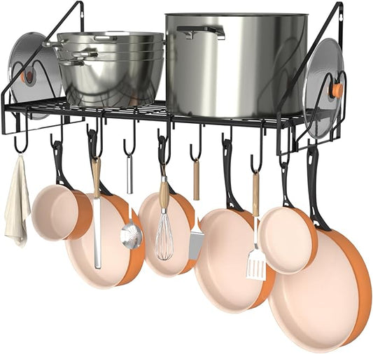 28 Inch Pot Rack Wall Mounted, Pots and Pans Organizer with 12 Hooks and 2 Pot Lid Holders, Heavy Duty Steel Pot and Pan Hanger for Kitchen Cookware Utensils Storage 34.7" Lx13 Wx12.6 H