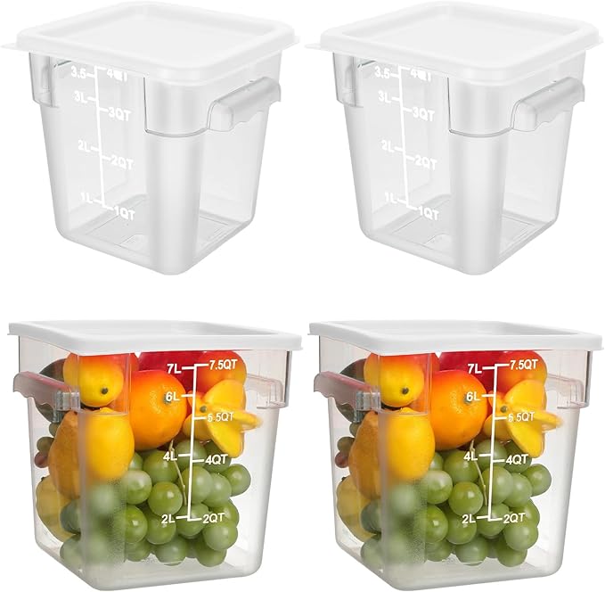 Lallisa 4 Pcs 8qt & 4qt Clear Food Storage Containers with Lids Handles and Scales, Stackable Plastic Square Food Storage Containers for Dough Proofing Baking Kitchen Restaurant(White)