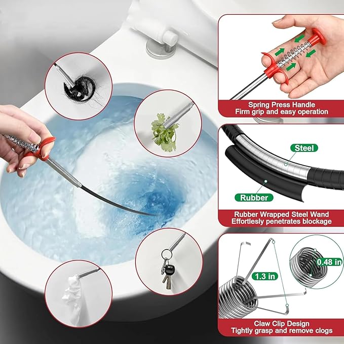 Drain Snake,116 inch Flexible Grabber Claw Pick Up Reacher Tool,Drain Clog Remover - Gutter Cleaning Tools for Home Sink, Bathroom Tub,Drain, Toilet, Tight Spaces