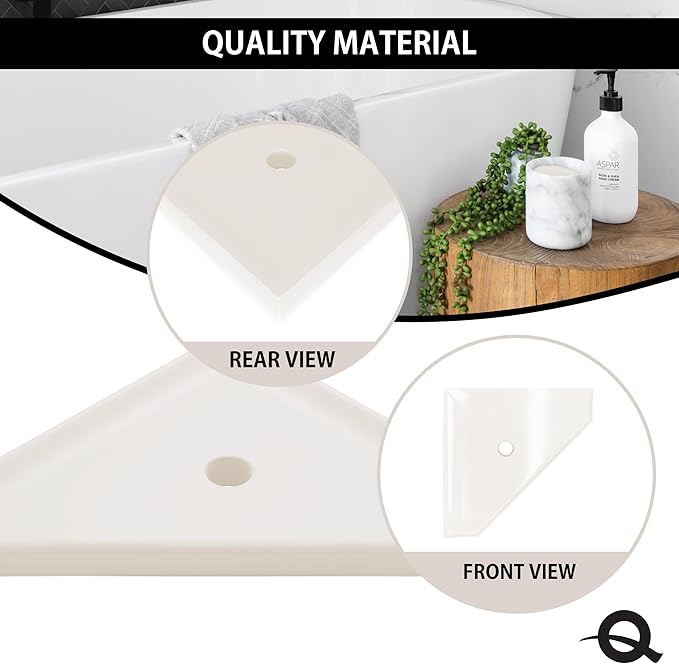 Questech 10" Corner Shower Shelf, Retrofit Shower Organizer for Tiled Walls, Corner Caddy Soap Dish Bathroom Storage, Geo Flatback, White Polished