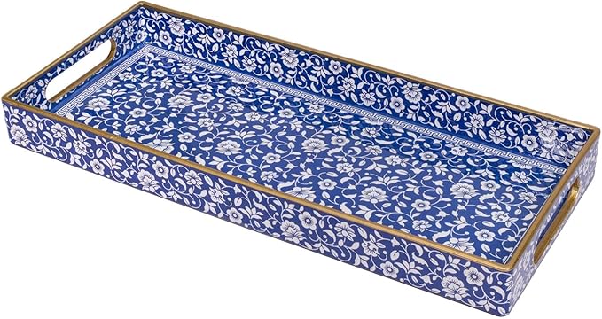 MAONAME Blue Vanity Tray, Bathroom Counter Tray, Plastic Decorative Trays with Handles, Storage Dresser Trays Organizer for Toilet Tank, Jewelry, Makeup, 13.8" x 6" x 1.57"