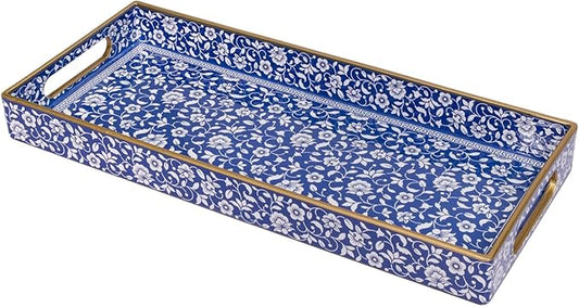 MAONAME Blue Vanity Tray, Bathroom Counter Tray, Plastic Decorative Trays with Handles, Storage Dresser Trays Organizer for Toilet Tank, Jewelry, Makeup, 13.8" x 6" x 1.57"