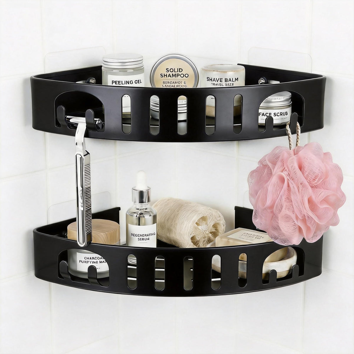 Adhesive Corner Shower Caddy with Hooks,No Drill Aluminum Shower - Image 1