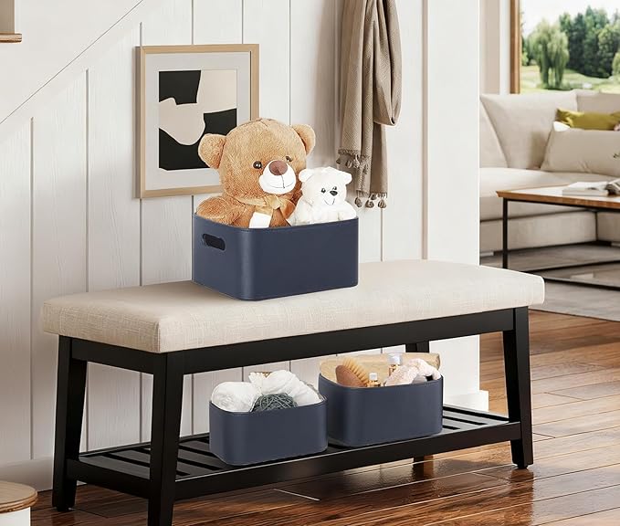 HofferRuffer Faux Leather Storage Baskets Bins with Velvet Lining for Organizing, Storage, Gifts, Set of 3 Nesting Shelf Baskets Decorative Storage Boxes for Home Organization (Blue)