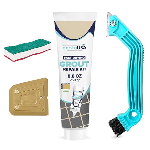 Pentausa Premixed Acrylic Sanded Tile Grout Repair Kit - Ready to Use Grout Renew Filler for Bathroom, Shower, & Kitchen Tile with Grout Removal Tool, Applicator & Sponge, (8.8 Oz - 250gr) (Beige)