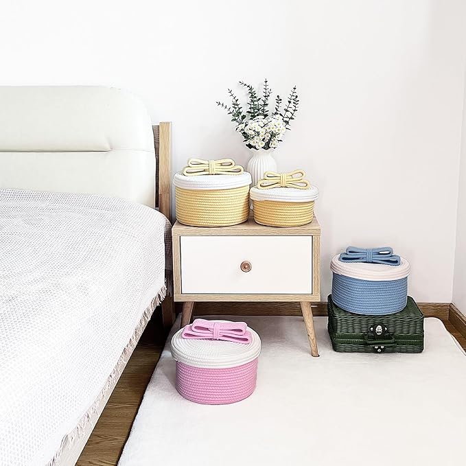 Cute Storage Baskets with Lids, Small Round Woven Rope Basket with Lid, Small Toy Box for Kids, Cat or Dog, Cute Basket for Gift, Toy or Home Decor, Chic Bow Handle (blue)