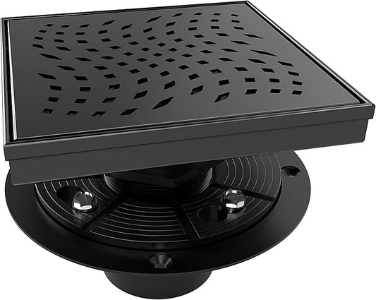 WEBANG 6 Inch Square Shower Drain Black Floor Drain with Flange Wave-Hole Pattern Cover Grate Removable SUS304 Stainless Steel Watermark&CUPC Certified Matte Black