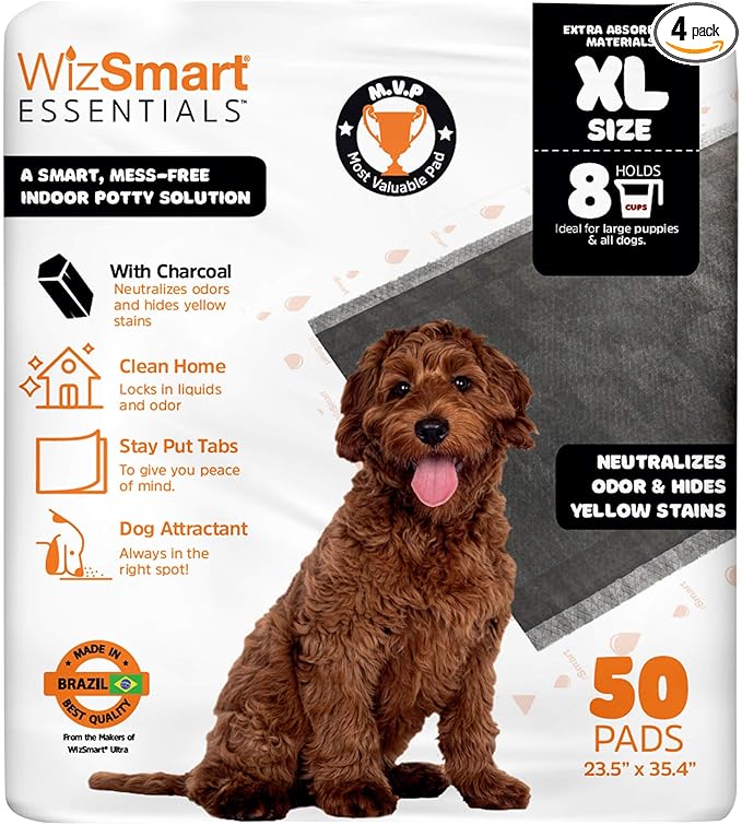 WizSmart Essentials Charcoal XL Training Pads 50 Count – XL Absorbent Puppy & Dog Potty Pads with Odor Control, Leak Resistant Floor Protection, Stay Put Tabs for Crate, Kennel, Indoor Use
