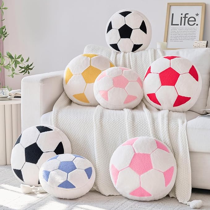 Soccer Pillow,12" Soccer Shaped Pillow Butt Cushion Seating Cushion with Faux Rabbit Fur,Round Soccer Throw Pillow Room Décor for Sofa Couch Living Room (Light Pink)