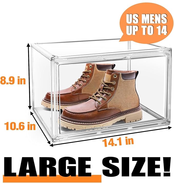 12 Pack Acrylic Shoe Storage Box with Magnetic Door. Size 13 Clear Stackable Shoe Organizer for Closet Space Saving Shoe Cabinet Sneaker Display Case in Closet, Hallway, Bedroom, Dormitory