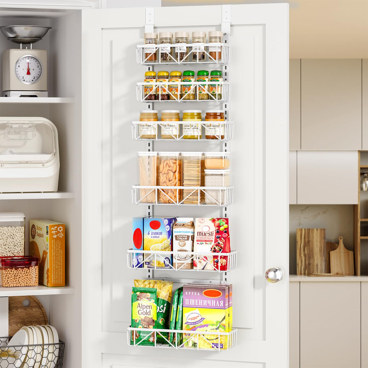 Delamu White Narrow 6-Tier Over the Door Pantry Organizer - Image 1