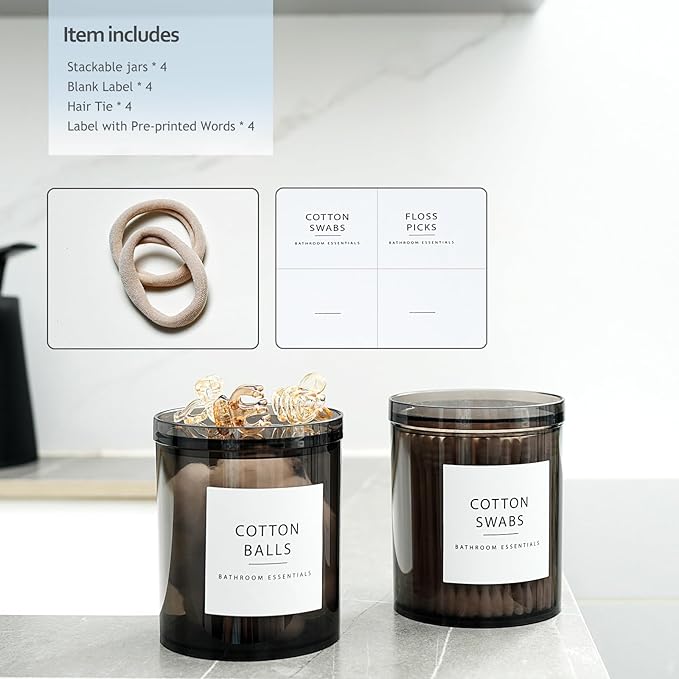 SheeChung 4-Pack Black Stackable Apothecary Jars - (10oz & 12oz) Mixed Sizes Qtip Holder - Modern Industrial Bathroom Accessories Decor with Storage Lids - Translucent Black