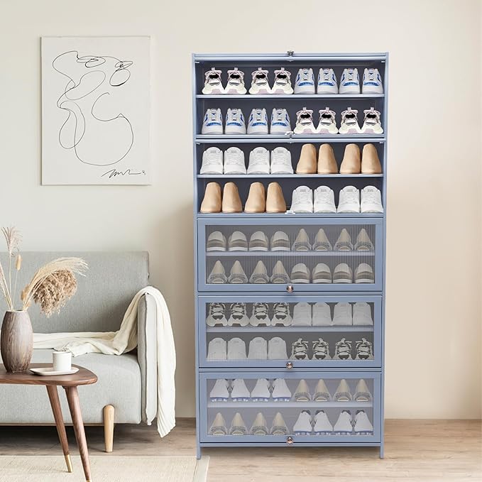 Bamboo Shoe Cabinet with Flip Doors, 10 Tiers Large Entryway Shoe Storage Cabinet, Tall Wooden Rack for Closet Bedroom (Grayish Blue)