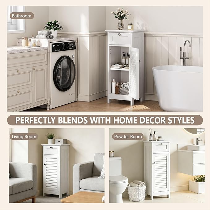 Small Bathroom Storage Cabinet, Freestanding Narrow Floor Cabinet with Drawer & Shutter Door for Small Spaces, Storage Organizer for Bathroom, Living Room, Entryway, 12.6 x 11.8 x 34.3 in