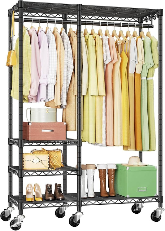 Ulif F4R Heavy Duty Clothes Rack（With Lockable Wheels ） Rolling Clothing Racks for Hanging Clothes，Adjustable Closet Organizer System，Portable Garment Rack 45"W x 15.8"D x 73.5"H，Max Load 650LBS，Black