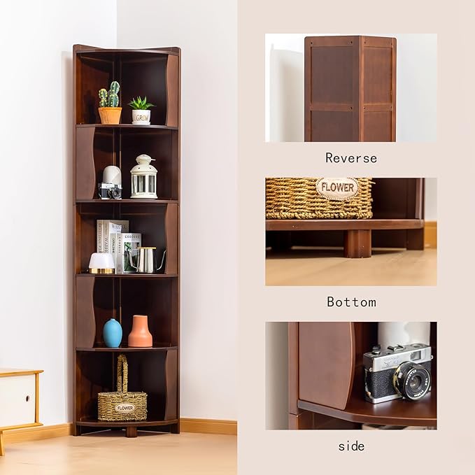 5-Tier Bamboo Corner Shelf Freestanding Fan-Shaped Storage Rack, Space-Saving Corner Cabinet for Living Room or Bedroom, Easy to Assemble, Walnut