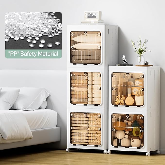 JEKO&JEKO 214 Qt Expanded Bathroom Storage Cabinet, 2-Tier Tall Cabinet Organizer with Wheels, Foldable Plastic Storage Bin for Kitchen, Laundry Room or Home, White