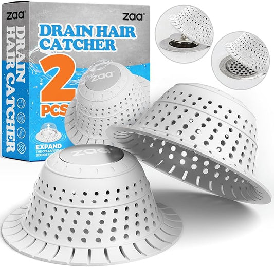zaa Bathtub Drain Hair Catcher, Silicone Collapsible 2 Pack Drain Protector for Pop-Up and Regular Drains of Shower, Bathtub, Tub, Bathroom, Sink, White
