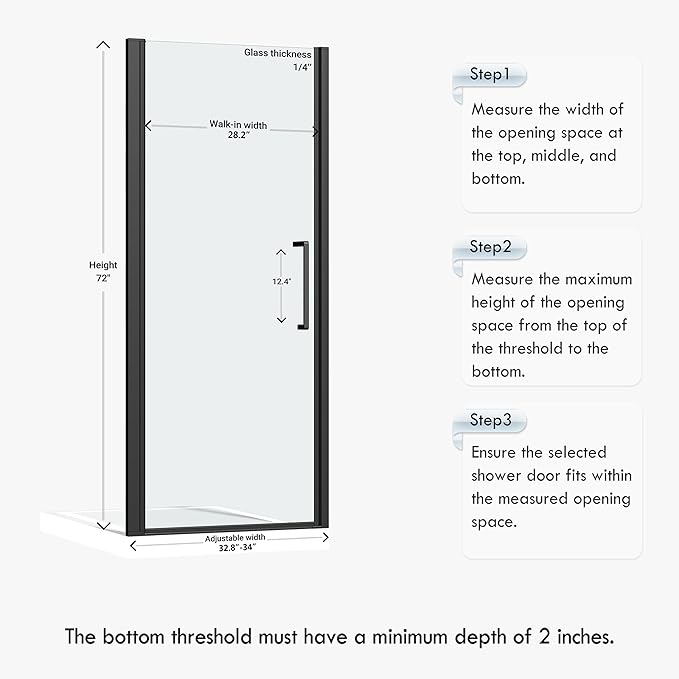 Frameless Pivot Shower Door 32.8-34" W X 72" H, 1/4" (6mm) Clear SGCC Tempered Glass, Hinged Pivot Swing Shower Door, Reversible Installation, Easy to Clean, Matte Black