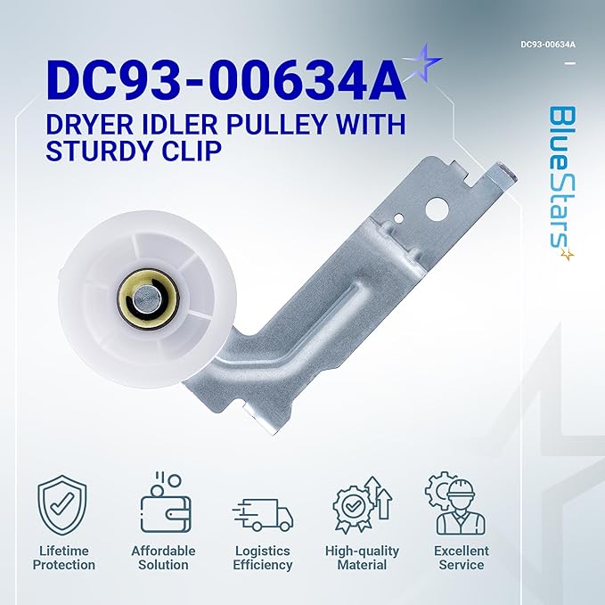 [Upgraded Dual Ball Bearings] BlueStars DC93-00634A Dryer Idler Pulley with Sturdy Clip – Compatible with Samsung Dryers - Replaces DC96-00882B DC96-00882C AP4373659 PS11771601-2 Packs