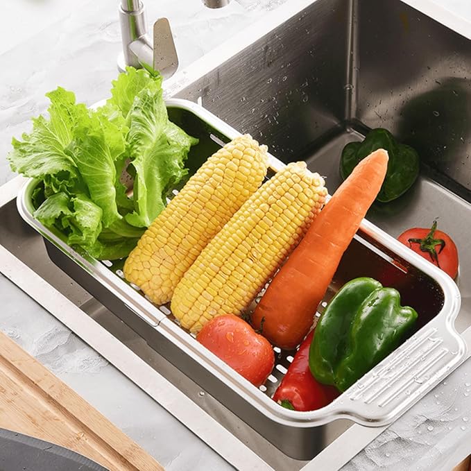 Extendable Over the Sink Colander Strainer Basket, Stainless Steel Retractable Kitchen Sink Basket - Wash Vegetables, Fruits, Drain Pasta and Dry Dishes XL (XL)