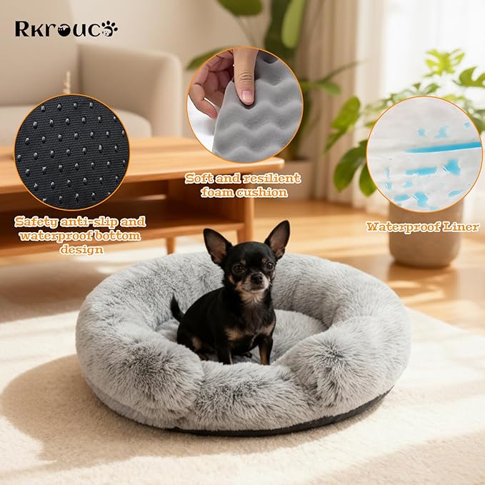 Fluffy Dog Bed Calming Donut Beds for Large Dogs Warming Round Small Medium Pet Nest Cozy Cat Mattress Indoor Washable Puppy Kennel Kittens Sleep Mat (M, 27.5×27.5 inch, Gradient Gray)