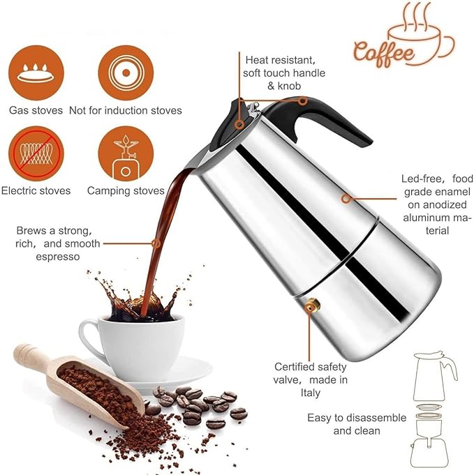 Yosoo Coffee Maker, Stainless Steel Coffee Pot Stovetop Latte Maker Percolator Stove Top Filter Coffee Maker Pot Easy Clean (450ML 9 Cup)