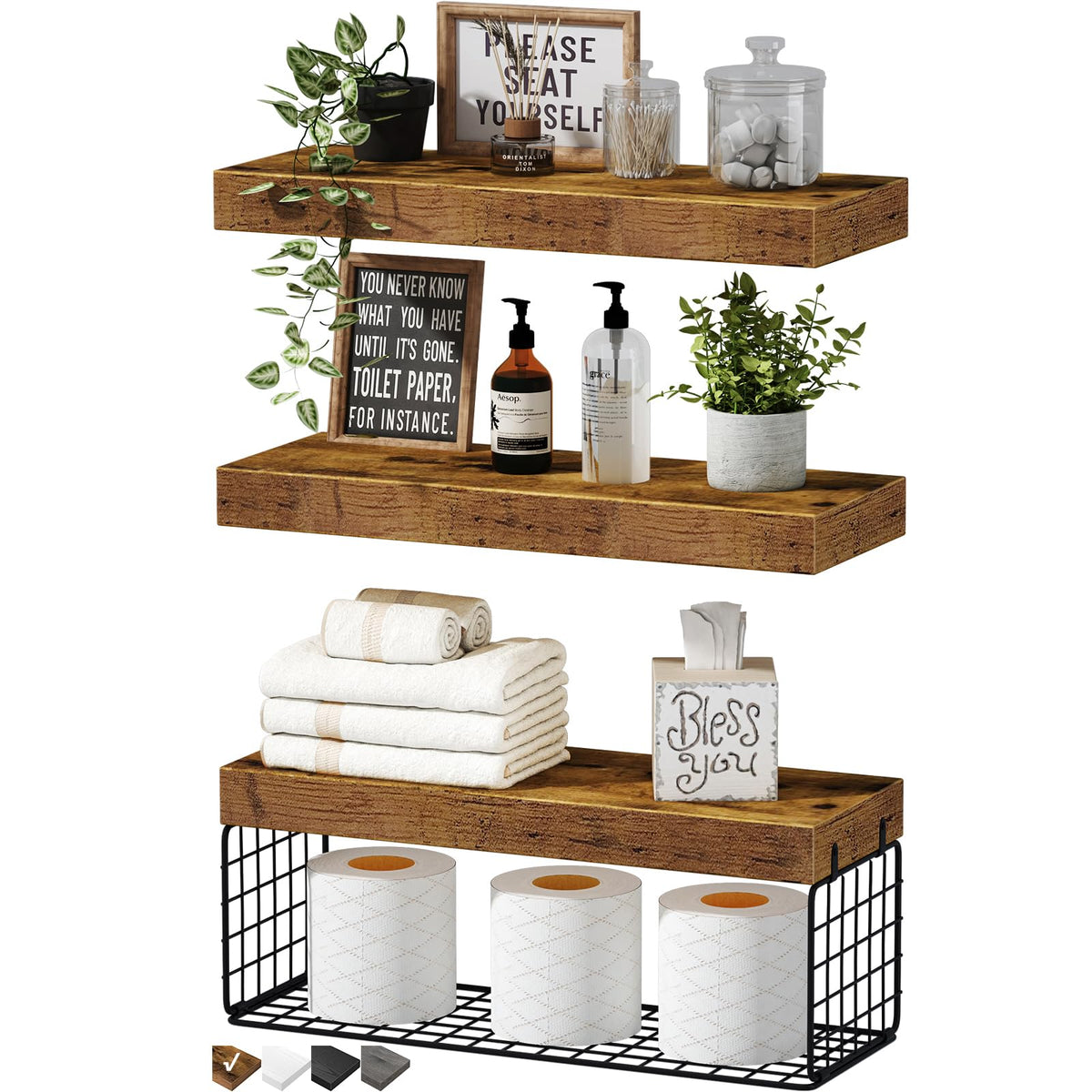 QEEIG Bathroom Shelves Over Toilet Wall Mounted (Brown, Set of 3 - Image 1