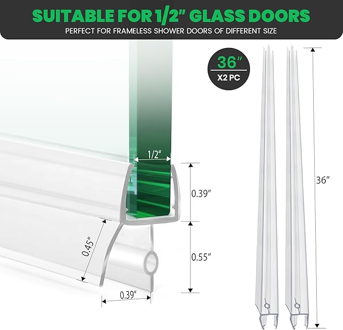 Bathroom Shower Door Seal Strip, 2PCS 36 Inch Shower Door Bottom Seal Strips, PVC Transparent Shower Door Seal Strip for 1/2"(12MM) Frameless Shower Door