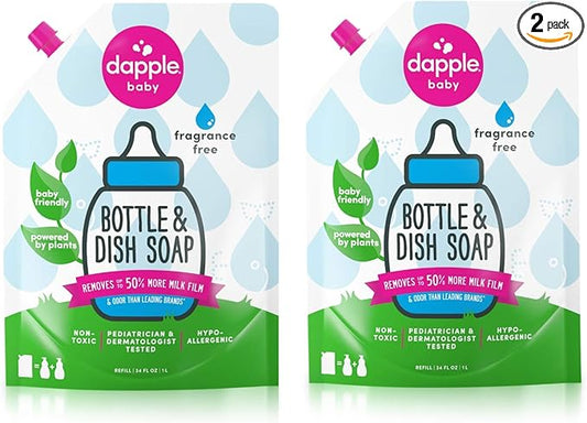 Dapple Baby Bottle Soap, Hypoallergenic Dish Soap for Baby Bottles, Powered by Plants, Fragrance Free, 34 Fl Oz (Pack of 2)